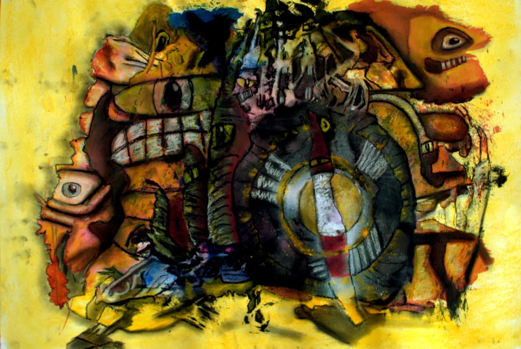A crowded totem of mask-like faces on a mustard-yellow ground, staring eyes, bared teeth and a grey ringed shield, worked in oxblood red, ochre and warm black ink.