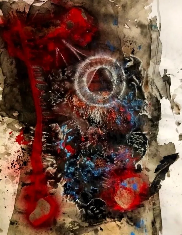 A bone-white ringed form anchors a dripping field of oxblood red, warm black ink, and petrol teal splatters. Worked in watercolour wash, ink spatter, and scratched line work on a stained, ragged ground.