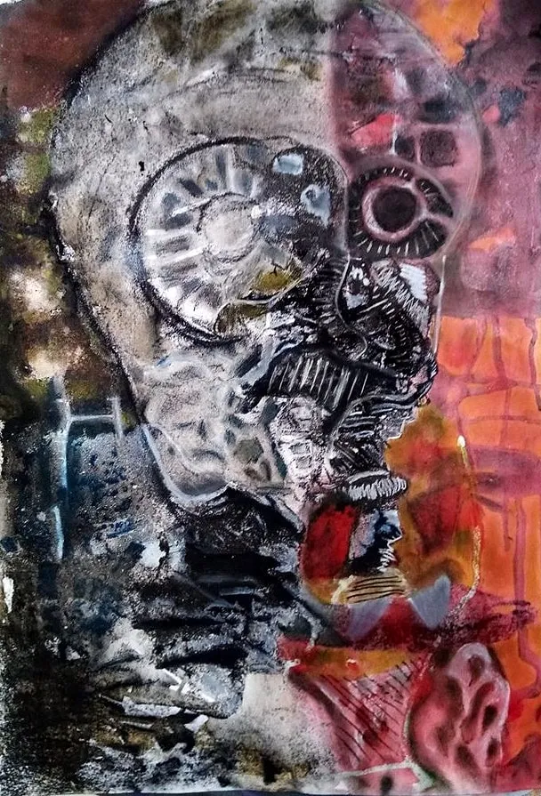 A mechanical skull with a gear-shaped eye and ribbed jaw, rendered in bone white and warm black ink scratched into wax, set against a watercolour wash of burnt sienna and deep violet.