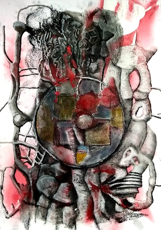 Warm black ink tendrils and grey wash surround a central roundel of patchwork squares in mustard ochre, petrol teal and oxblood red. Scratched line work textures the form, with red watercolour bleeding across the bone-white ground.