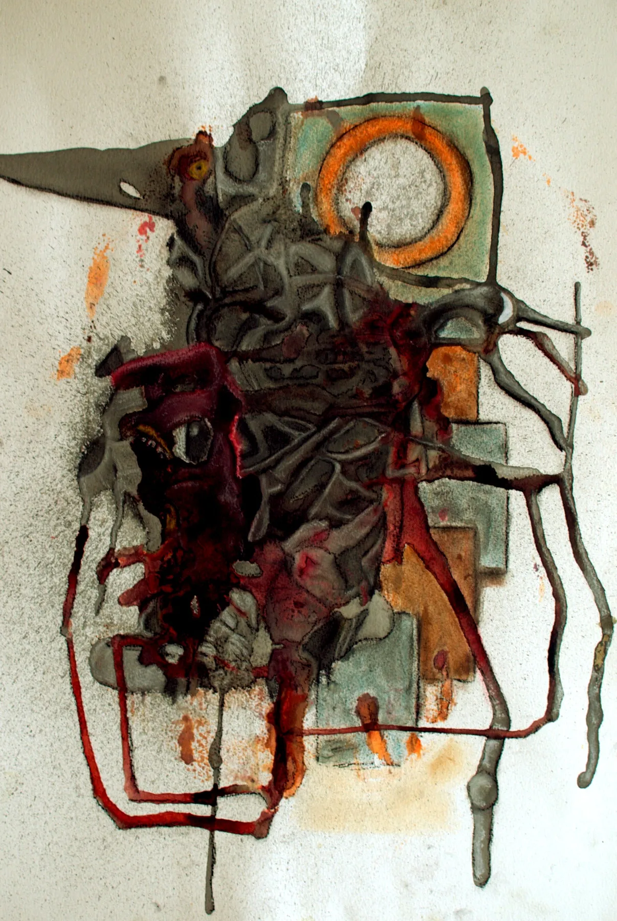 A dark grey central mass on a bone-white ground bleeding oxblood-red rivulets, with a burnt-orange ring floating top-right among petrol-teal blocks.