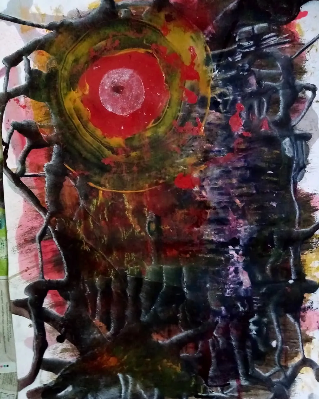 A blazing oxblood-red disc with a bone-white core pierces a web of warm black ink roots and dripping violet-black branches, set against mustard ochre and burnt sienna washes with scratched white line work.