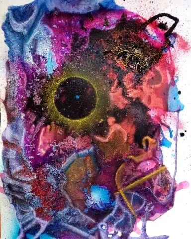 A dark eclipsed orb floats amid a splattered cosmos of deep violet, oxblood red, petrol teal and mustard ochre washes, with scratched line work and ink splatters scoring the bleeding edges.
