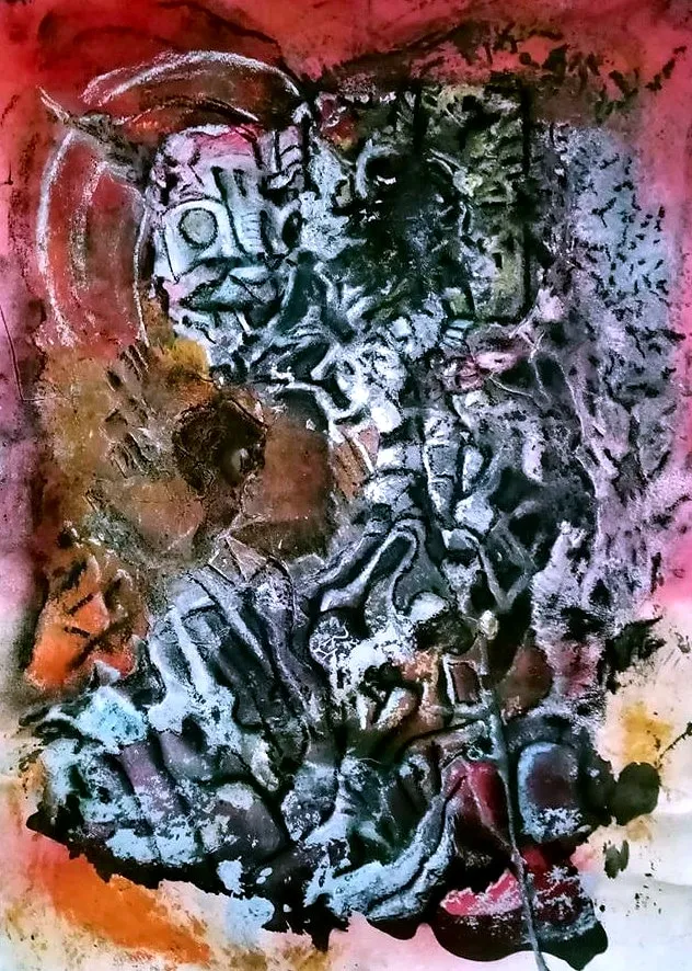 Stacked abstract forms in petrol teal, deep violet and oxblood red climb through a bone white and burnt sienna ground, built up in heavy encaustic with scratched and incised line work.