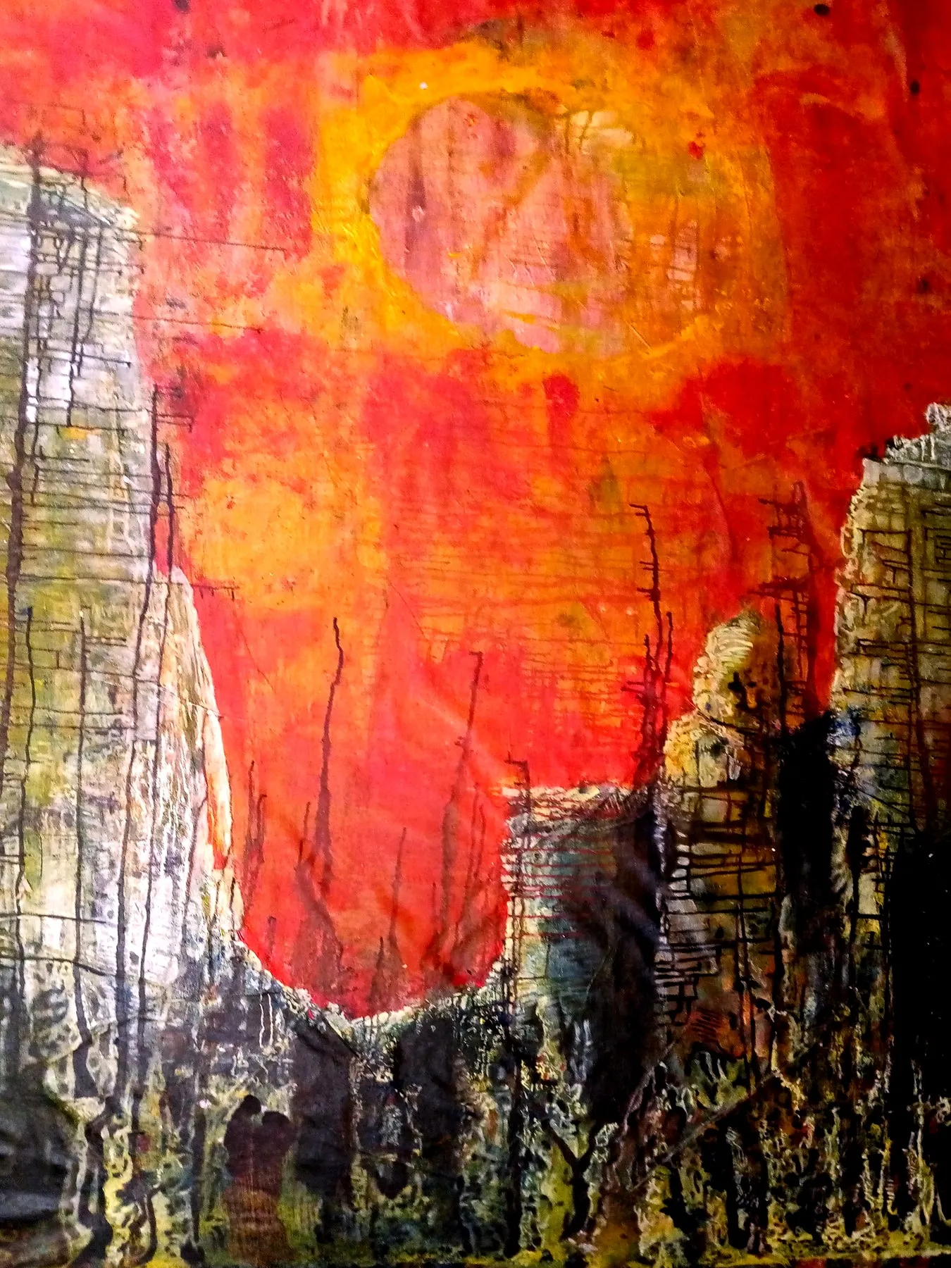 A vertical bloom of fiery burnt orange and red rising between two pale, heavily scratched columns over a dark, scorched base.