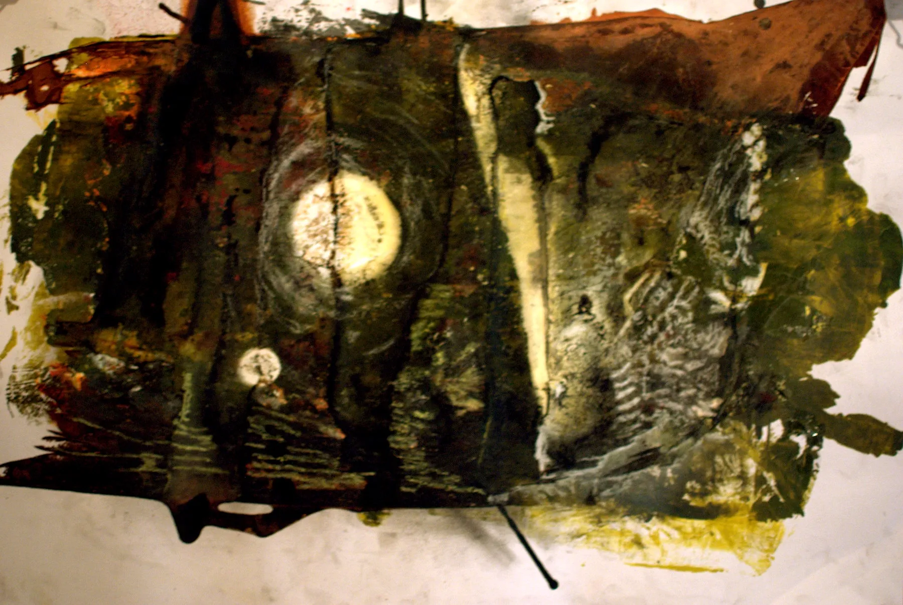 Two orb-like forms, a bone-white disc and a larger ring of scratched white line work, sit within a petrol teal and burnt sienna field, built from warm black ink, drips and wax-scraped texture.