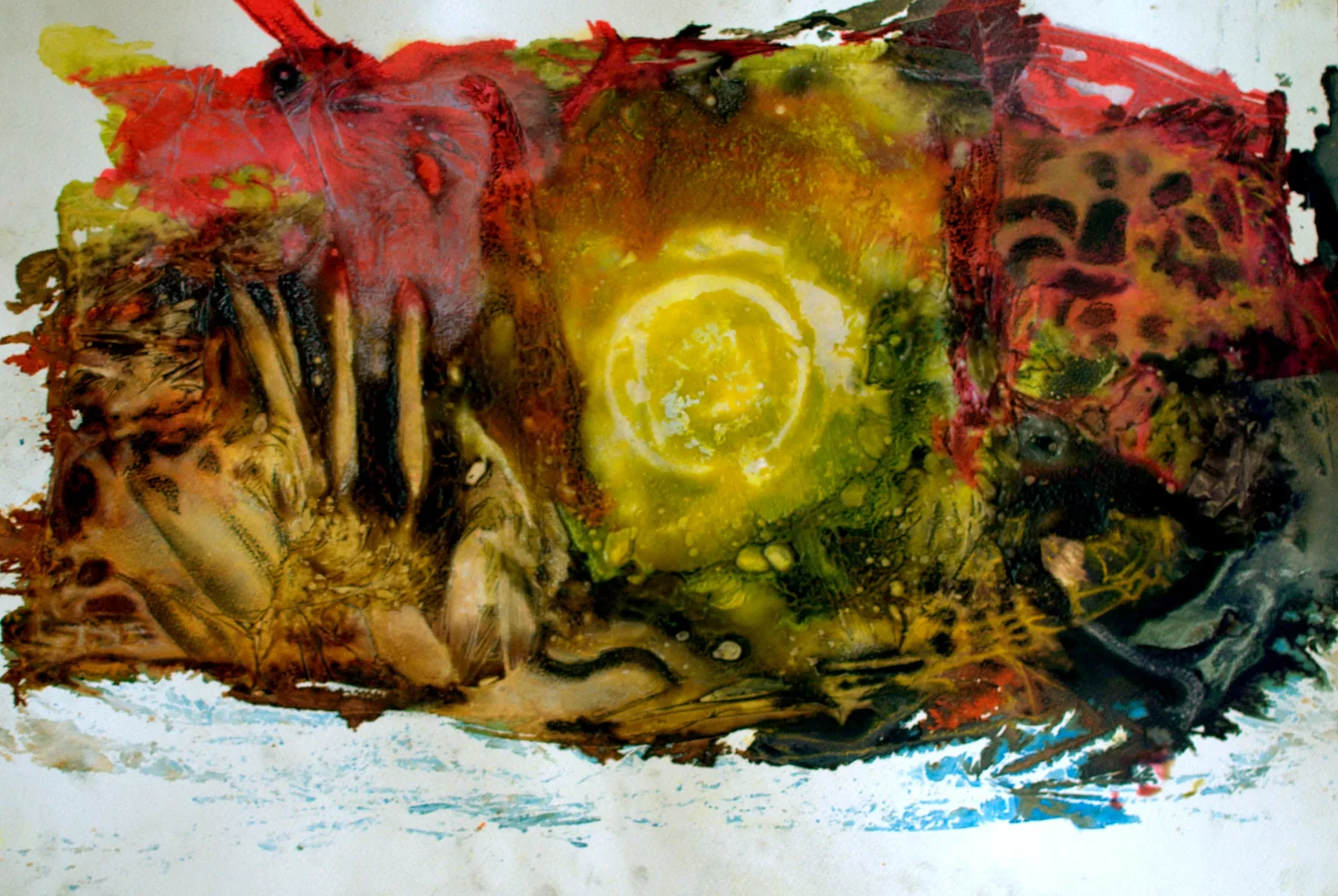 A glowing mustard ochre orb sits at the centre of a bleared oxblood red, burnt sienna and warm black ink mass, marked with scratched line work and wax drips on a bone-white ground.