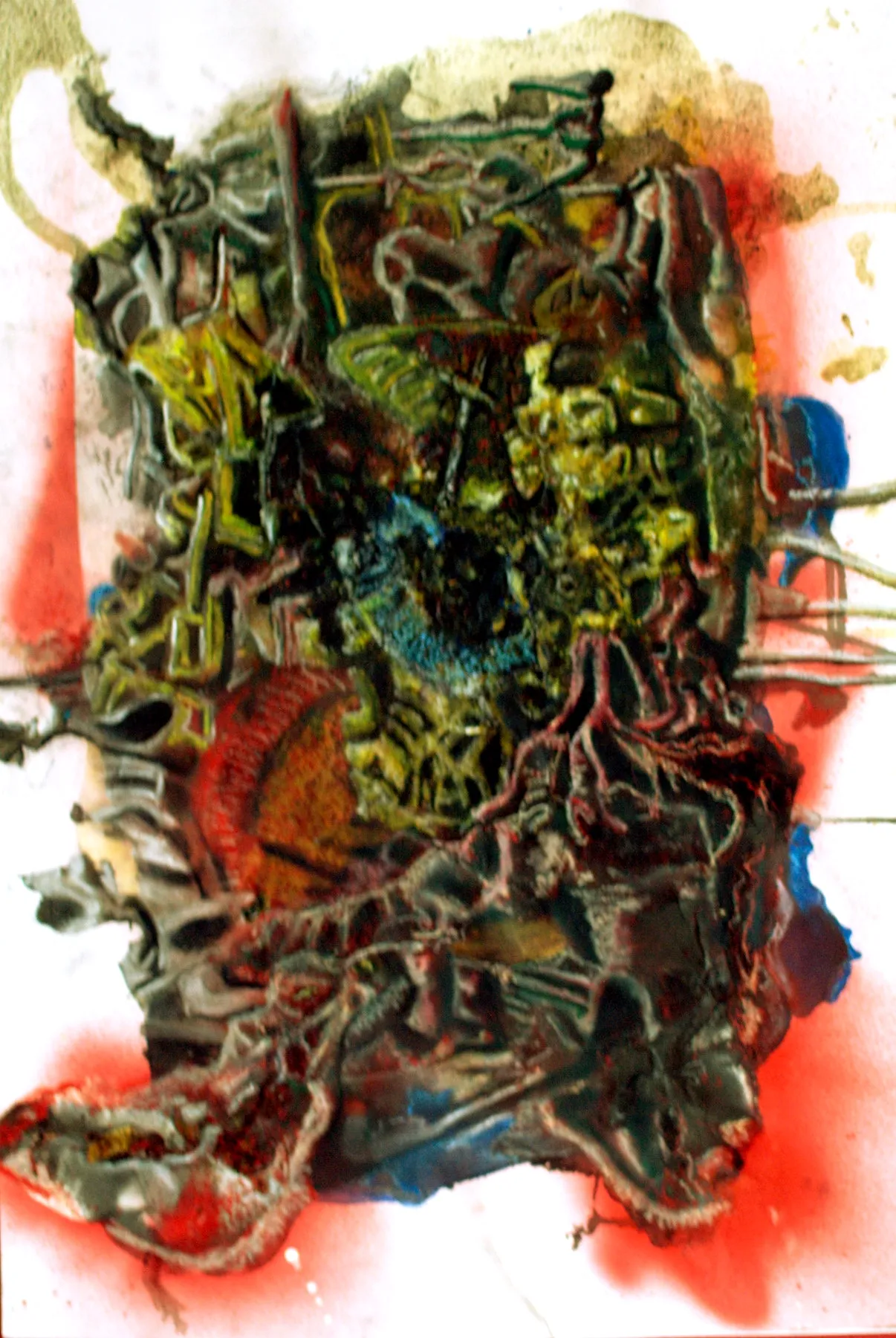 A dense tangle of curved forms worked in oil pastel and wax, olive green, burnt sienna, and warm black on a bone white ground. Oxblood red washes bleed from the edges, with scratched line work threading the central cluster.