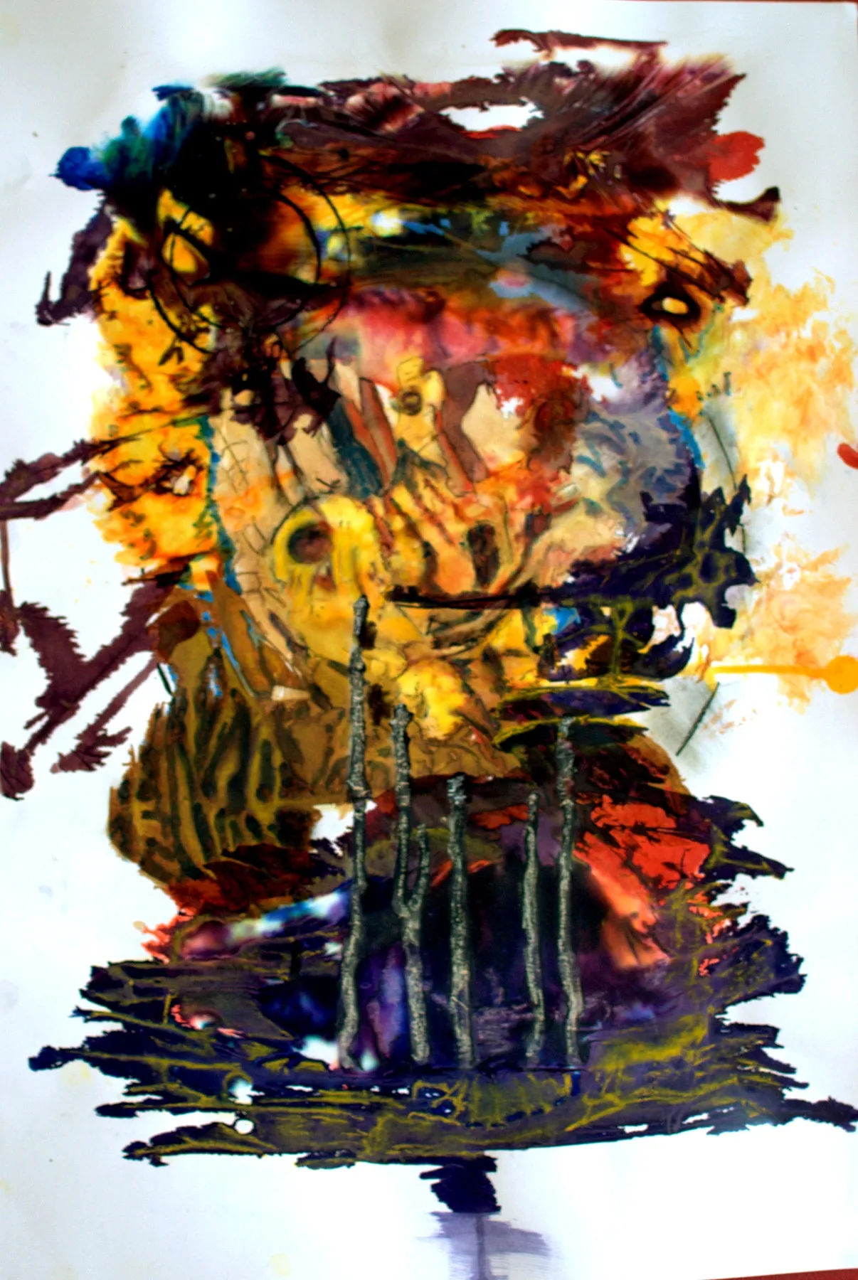 A mask-like face dissolving into the page, molten yellows and oranges at top, indigo-blue and oxblood red streaking down, eyes peering through the surface.