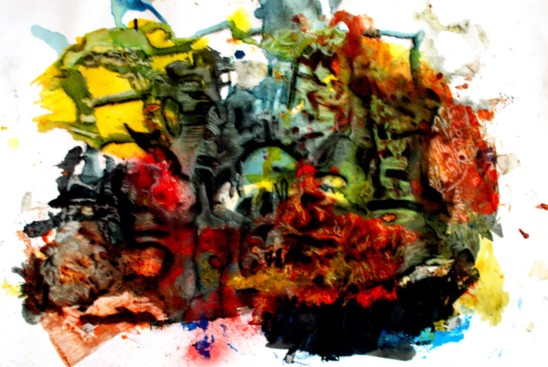 A clustered totem of mask-like faces built from bleeding watercolour and ink washes, dominated by oxblood red, mustard ochre and warm black ink against a bone white ground.