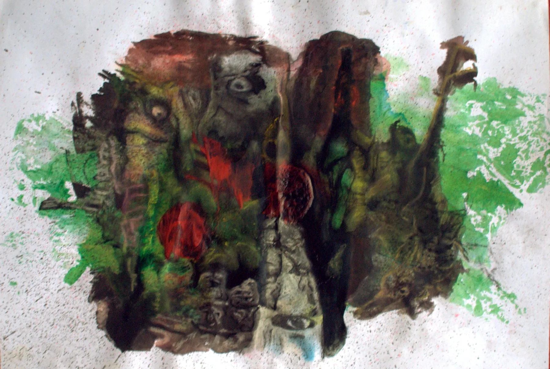 Faces and figures emerge from a dense undergrowth of dark greens and earth tones, with a red bloom at the centre and green wash spreading across a bone-white speckled ground.