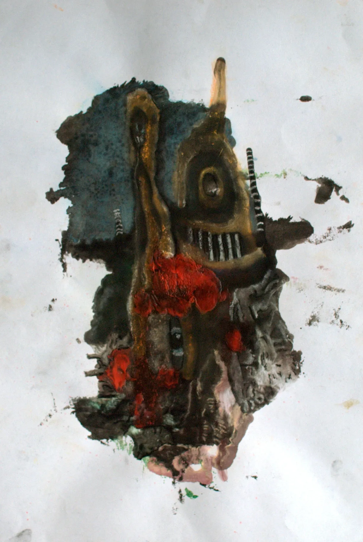 A dark totem figure sits alone on a white ground, baring a row of sharp teeth, with a petrol-teal shadow behind it and raw red wounds dripping across its body.