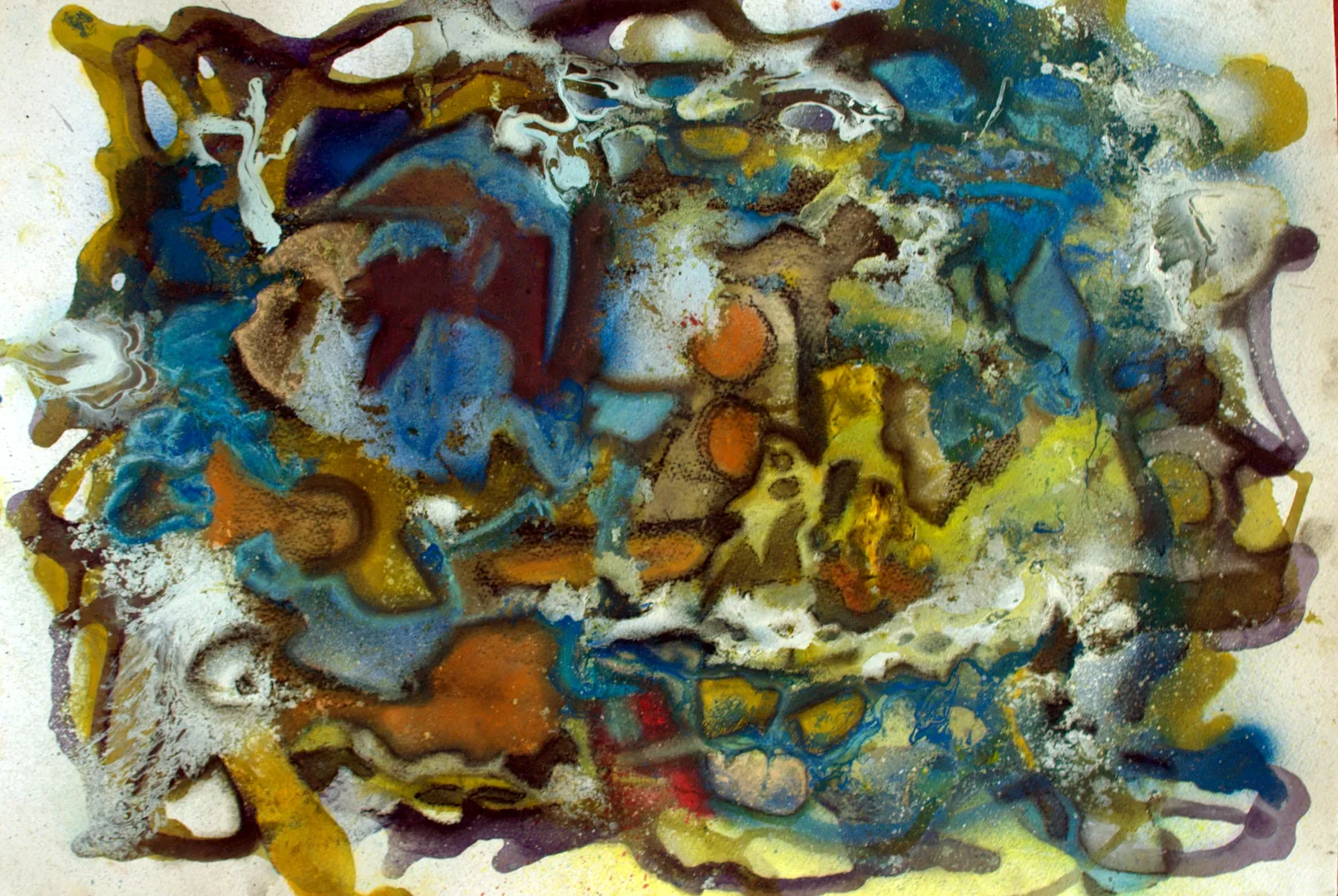 Pooled organic forms in petrol teal, mustard ochre and deep violet, edged in warm black ink and bone white veining, a fluid encaustic and watercolour surface marbled into cellular shapes.