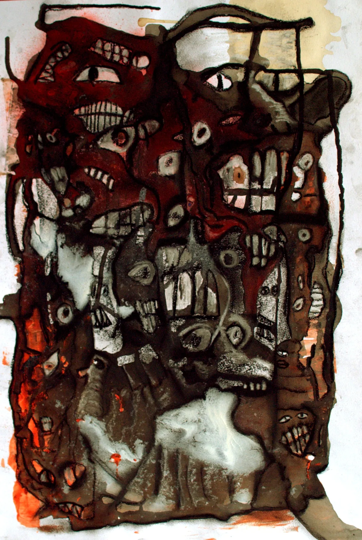 A crowd of mask-like faces and figures packed tight, worked in oxblood red, warm black ink and bone white wash, bared teeth and staring eyes filling the frame.
