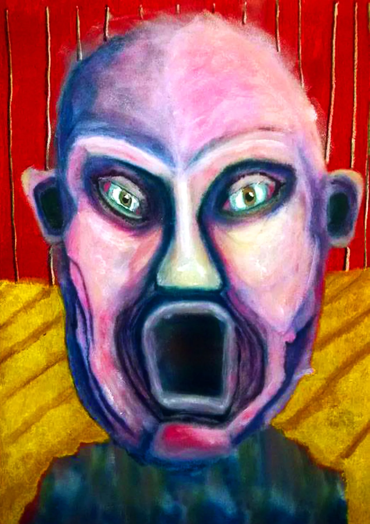 A bald head with wide eyes and a gaping mouth, rendered in soft pink, deep violet and bone white against a vivid red background with mustard ochre at the base.