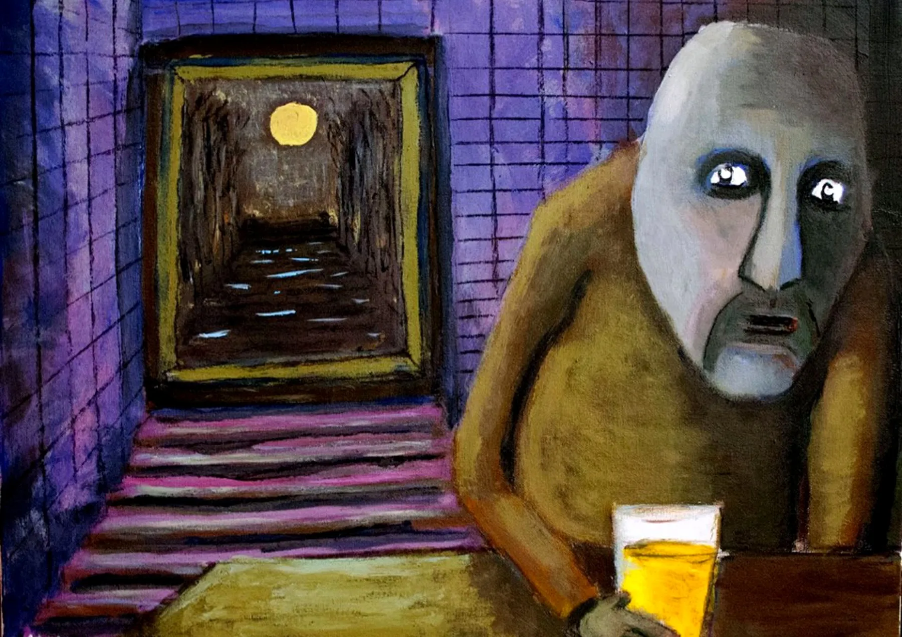 A lone bald man with angular features nurses a pint at a table; behind him a purple-tiled wall and a framed view down a moonlit corridor with a yellow moon visible inside.